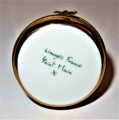 LIMOGES FRANCE BOX~ GOLD & WHITE CHRISTMAS BELL & HOLLY ~ANGEL CLASP~ PEINT MAIN