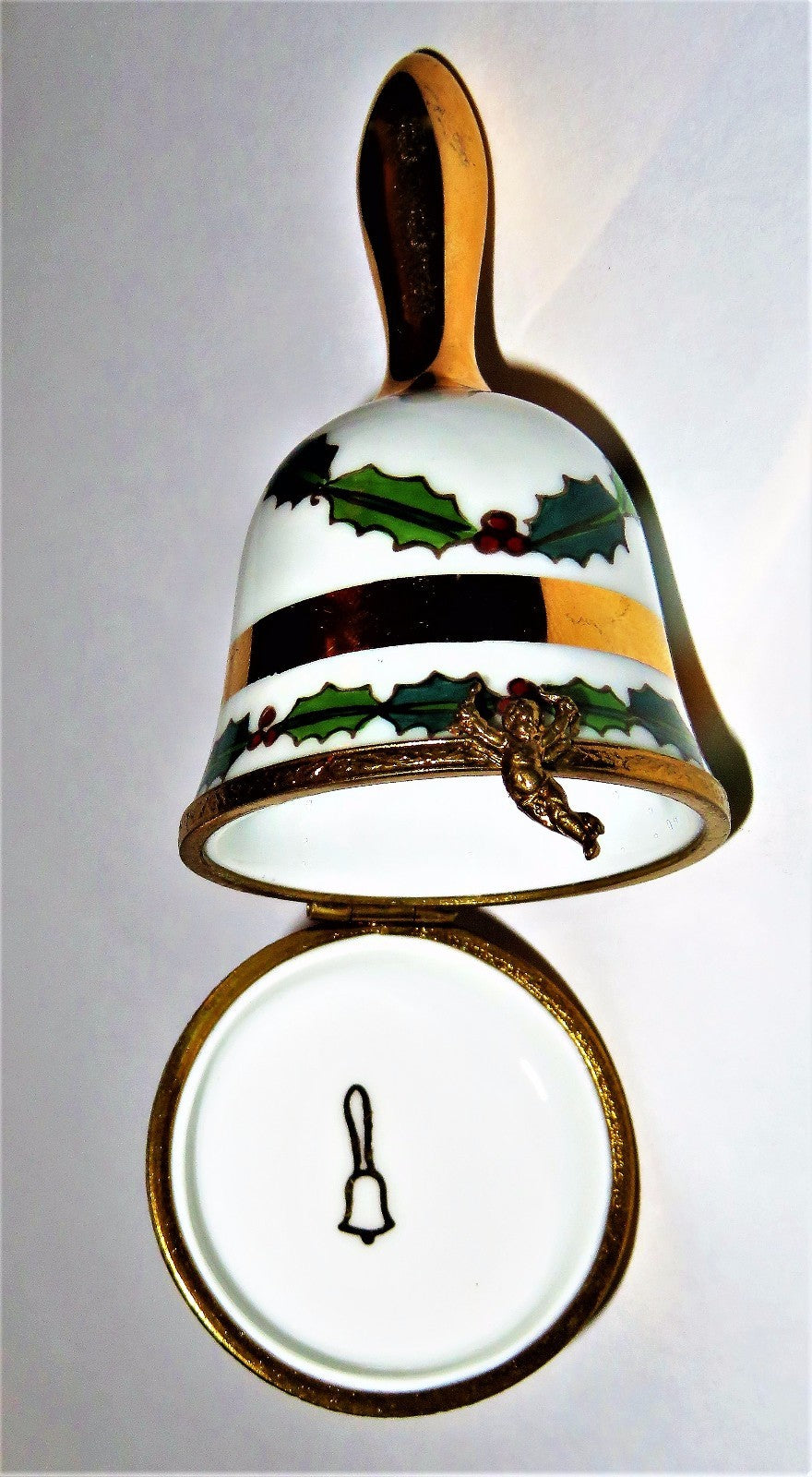 LIMOGES FRANCE BOX~ GOLD & WHITE CHRISTMAS BELL & HOLLY ~ANGEL CLASP~ PEINT MAIN