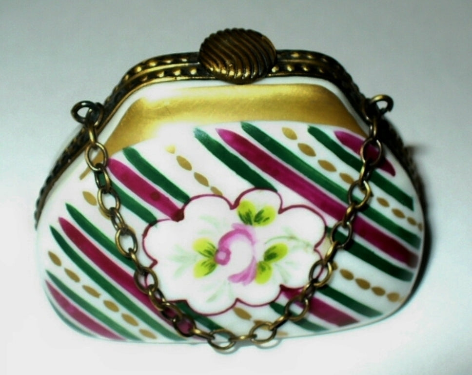 LIMOGES FRANCE BOX~ ROCHARD ~ FLORAL PURSE & CHAIN ~ ROSE & STRIPES ~ PEINT MAIN