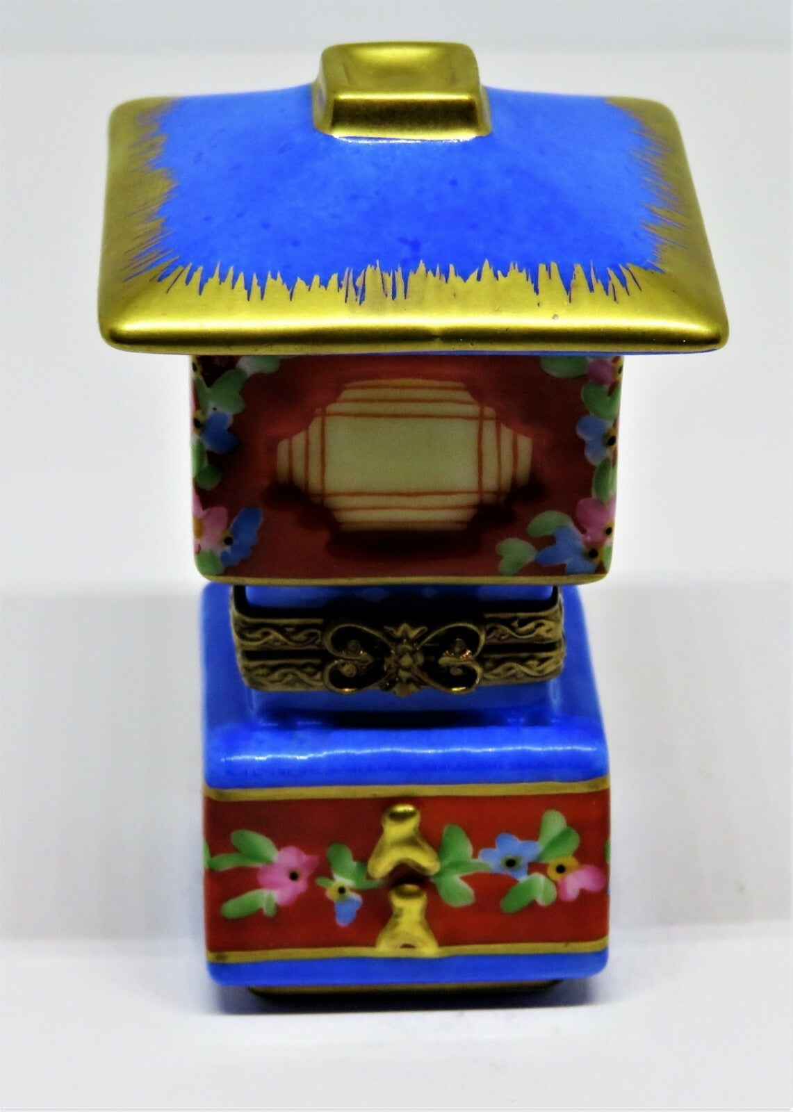 LIMOGES FRANCE BOX - ASIAN LANTERN - FLOWERS & GOLD TASSELS  - BUTTEFLY CLASP