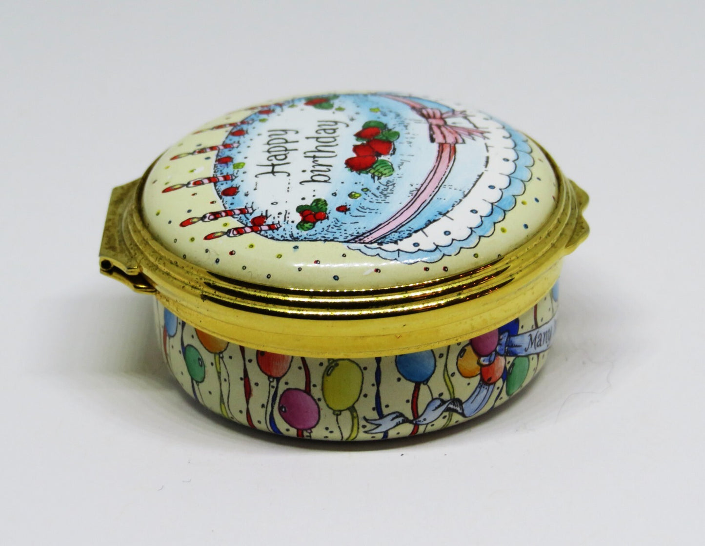 HALCYON DAYS ENAMEL BOX - STRAWBERRY "HAPPY BIRTHDAY" CAKE - CANDLES & BALLOONS