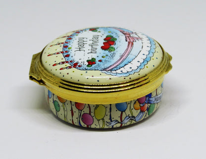 HALCYON DAYS ENAMEL BOX - STRAWBERRY "HAPPY BIRTHDAY" CAKE - CANDLES & BALLOONS
