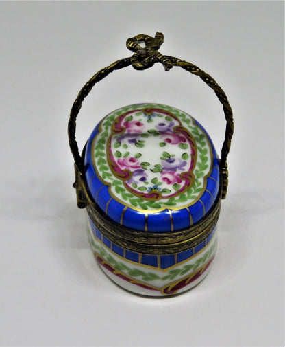 LIMOGES FRANCE BOX-  SEVRES STYLE FLORAL BASKET - FLOWERS - ROSES - FLOWER CLASP