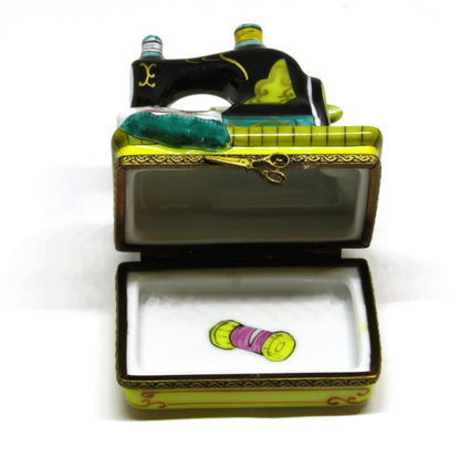 LIMOGES FRANCE BOX - ANTIQUE SEWING MACHINE & ROSE FABRIC -SCISSORS & THREAD- LE