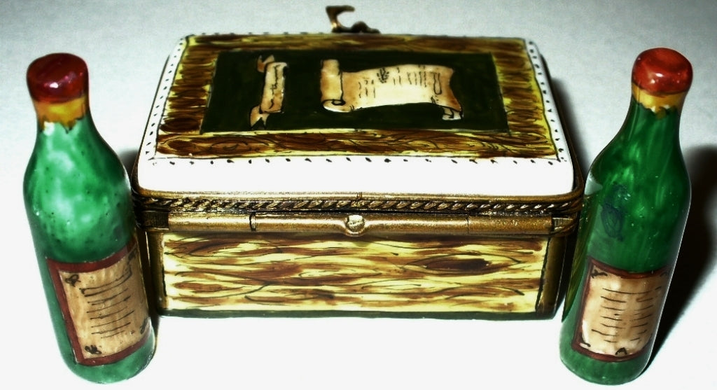 LIMOGES FRANCE BOX ~WINE CRATE & TWO WINE BOTTLES~ WINE LIST ~GRAPES~ PEINT MAIN