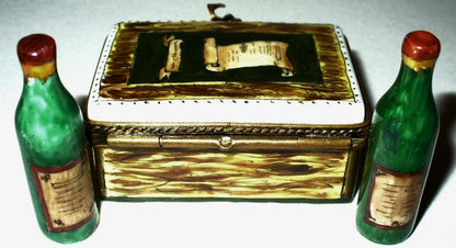 LIMOGES FRANCE BOX ~WINE CRATE & TWO WINE BOTTLES~ WINE LIST ~GRAPES~ PEINT MAIN