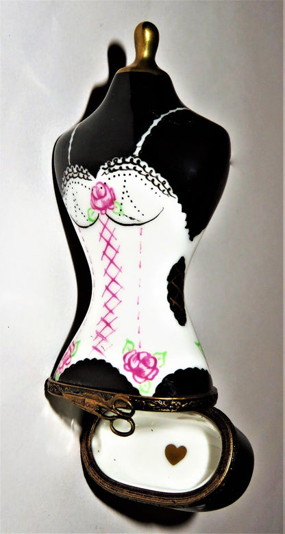 LIMOGES FRANCE BOX ~ CORSET MANNEQUIN ~ LACE & PINK ROSES ~ SEWING ~ PEINT MAIN