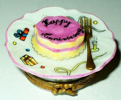 LIMOGES FRANCE BOX- HAPPY ANNIVERSARY CAKE ON PLATE & FORK -CHAMPAGNE & CONFETTI