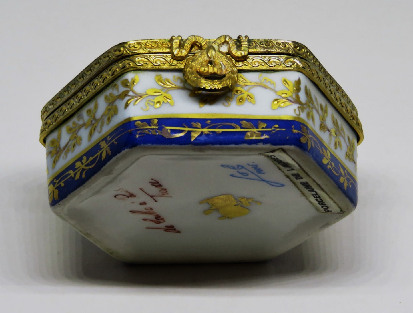 LIMOGES FRANCE HEXAGON BOX - LE TALLEC - FLOWERS & GOLD VINES - ROSES - 1960