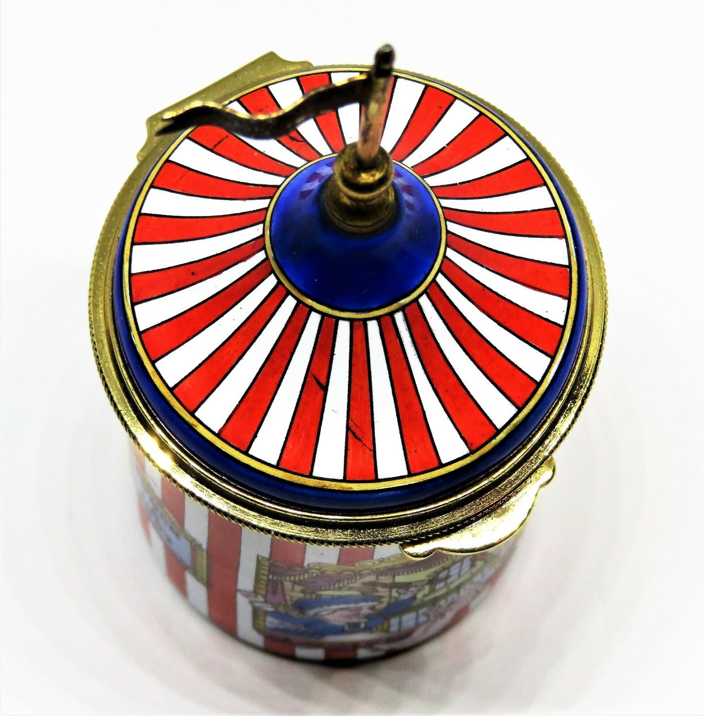 STAFFORDSHIRE ENGLISH ENAMELS BOX - STRIPED TENT WITH PUNCH & JUDY PUPPET SHOW