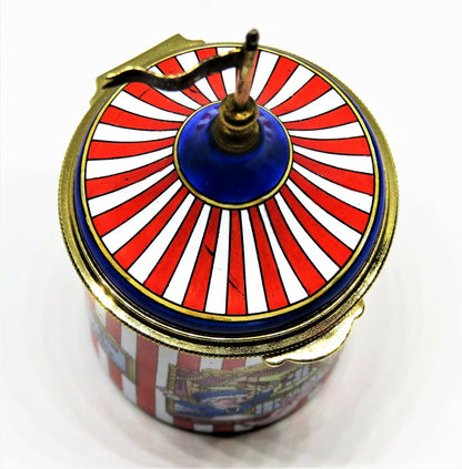 STAFFORDSHIRE ENGLISH ENAMELS BOX - STRIPED TENT WITH PUNCH & JUDY PUPPET SHOW