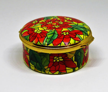 HALCYON DAYS ENAMEL BOX - TIFFANY & CO. - CHRISTMAS - STAINED GLASS POINSETTIAS