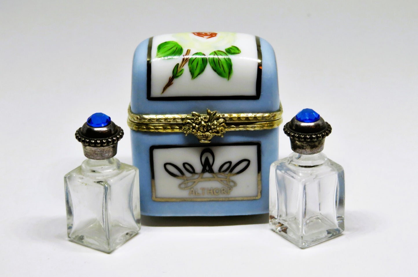 LIMOGES BOX - PRINCESS DIANA - ALTHORP MEMORIAL ROSE CHEST & 2 PERFUME BOTTLES