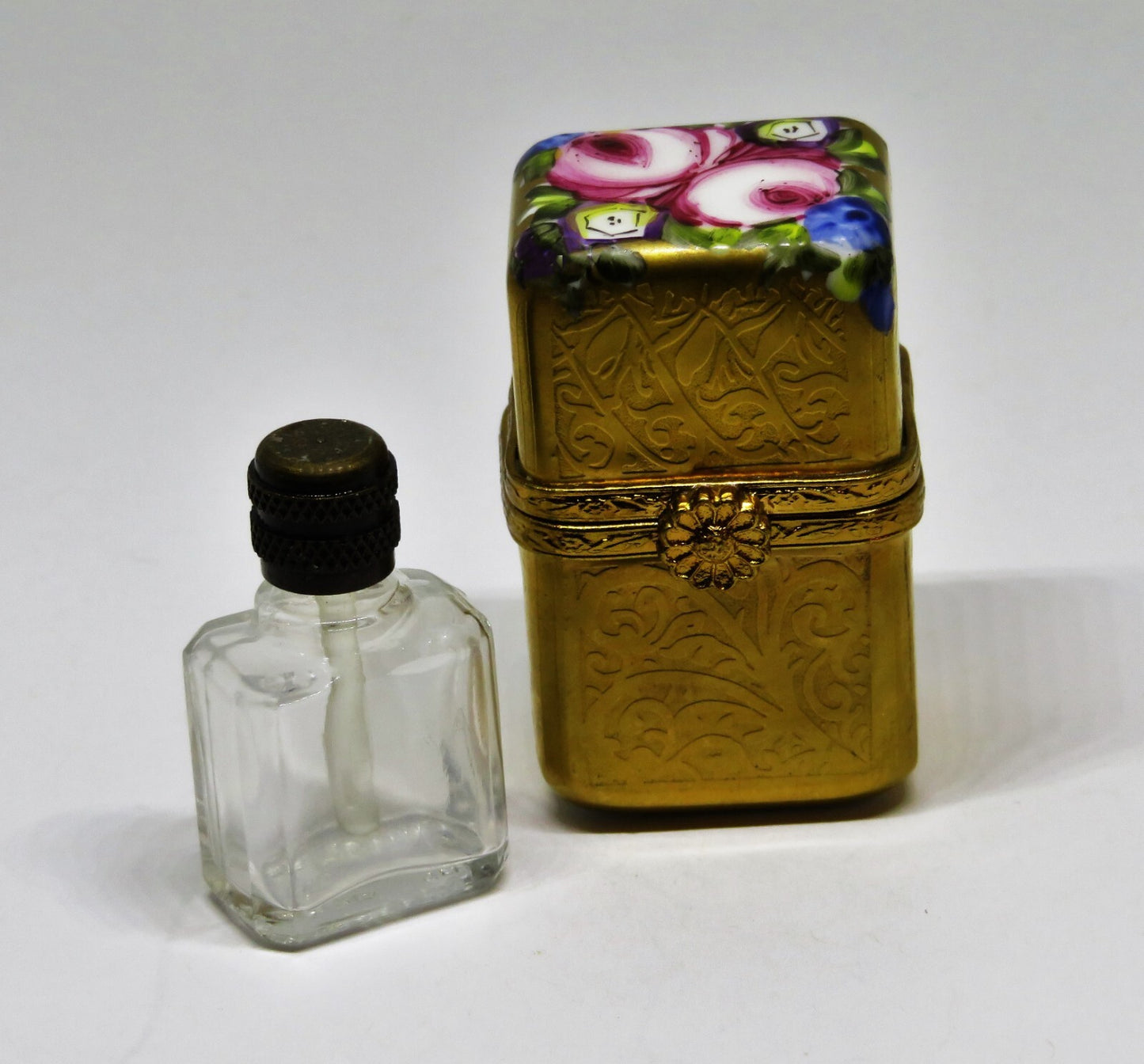 LIMOGES BOX - SMALL GOLD INCRUSTATION CHEST & PERFUME BOTTLE - FLOWERS - ROSES