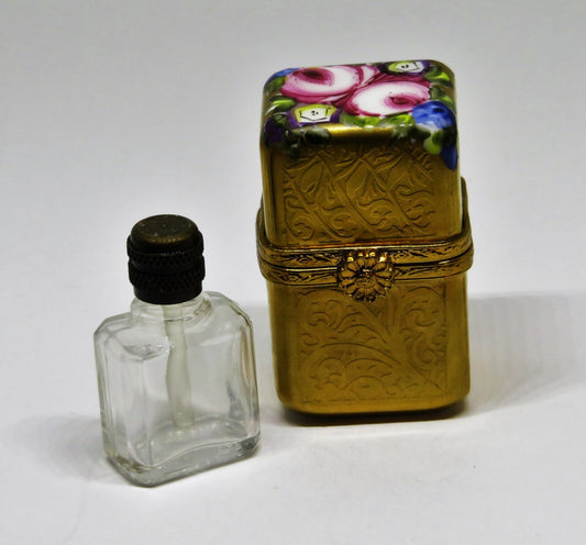 LIMOGES BOX - SMALL GOLD INCRUSTATION CHEST & PERFUME BOTTLE - FLOWERS - ROSES