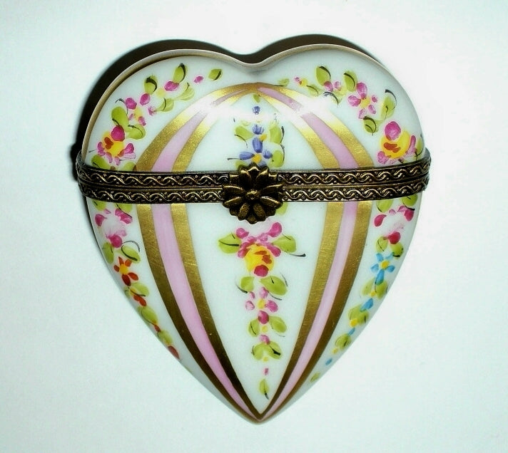 LIMOGES BOX ~ PINK & GOLD HEART ~ FLOWERS & STRIPES ~ ROSES ~ ANNIVERSARY