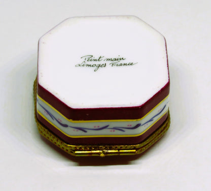 LIMOGES FRANCE BOX ~ BURGUNDY & WHITE OCTAGON - FRUITS - APPLES & GRAPES