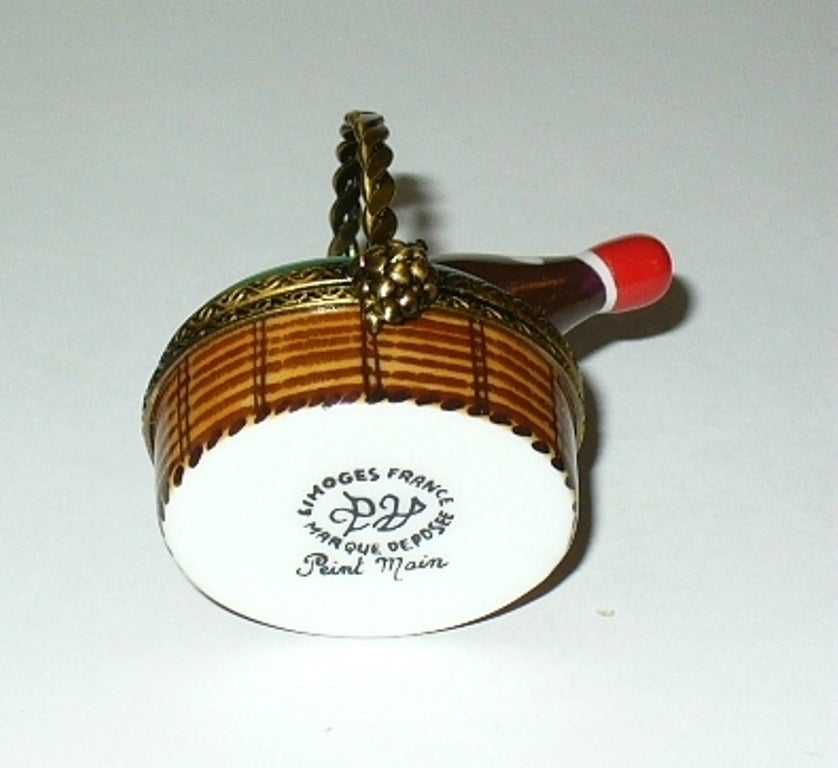 LIMOGES FRANCE BOX ~ PV ~ 1996 BEAUJOLAIS WINE BOTTLE & BASKET ~ PEINT MAIN