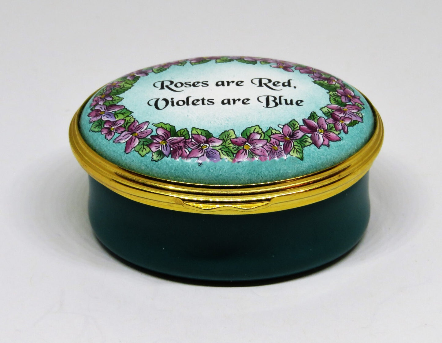 HALCYON DAYS ENGLISH ENAMEL BOX- "ROSES ARE RED, VIOLETS ARE BLUE ..." - FLOWERS