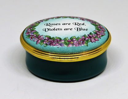 HALCYON DAYS ENGLISH ENAMEL BOX- "ROSES ARE RED, VIOLETS ARE BLUE ..." - FLOWERS