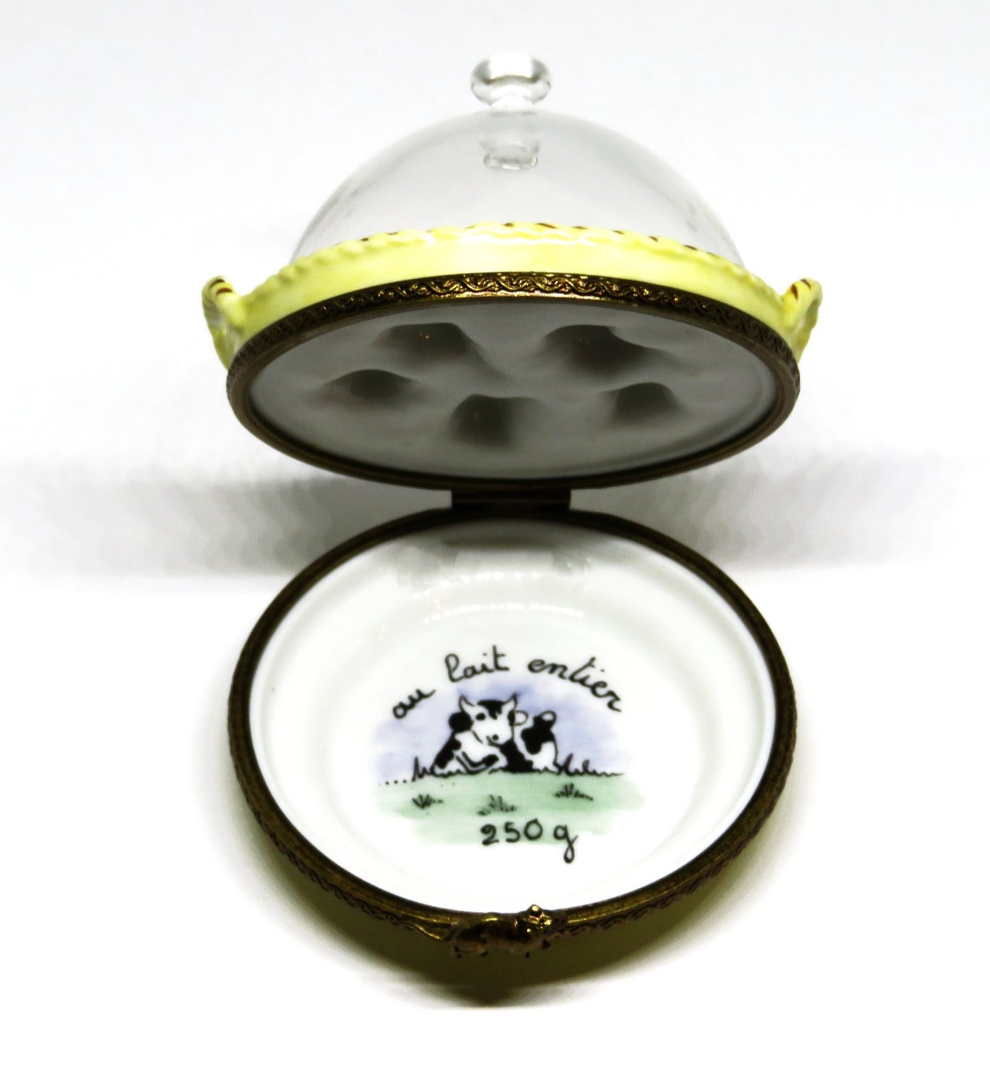 LIMOGES FRANCE BOX - PARRY-VIEILLE - DOMED GLASS CHEESE TRAY - MOUSE CLASP - COW
