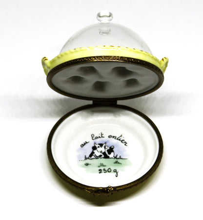 LIMOGES FRANCE BOX - PARRY-VIEILLE - DOMED GLASS CHEESE TRAY - MOUSE CLASP - COW