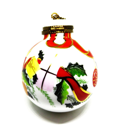 LIMOGES BOX - CHRISTMAS TREE BALL ORNAMENT - HOLLY & RIBBONS & CANDLES & GIFTS