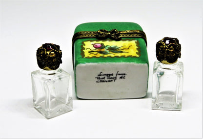 LIMOGES FRANCE BOX -CHAMART- FLORAL CHEST & 2 PERFUME BOTTLES -FLOWERS- ROSEBUDS