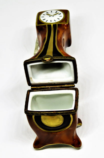 LIMOGES FRANCE BOX - PARRY-VIEILLE - 'WOODEN' GRANDFATHER CLOCK & GOLD PENDULUM