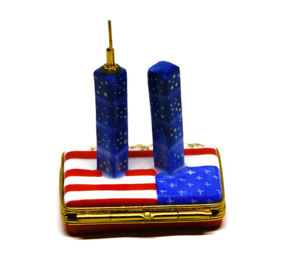 LIMOGES FRANCE BOX- TWIN TOWERS & UNITED STATES FLAG - 911 REMEMBRANCE - 238/750