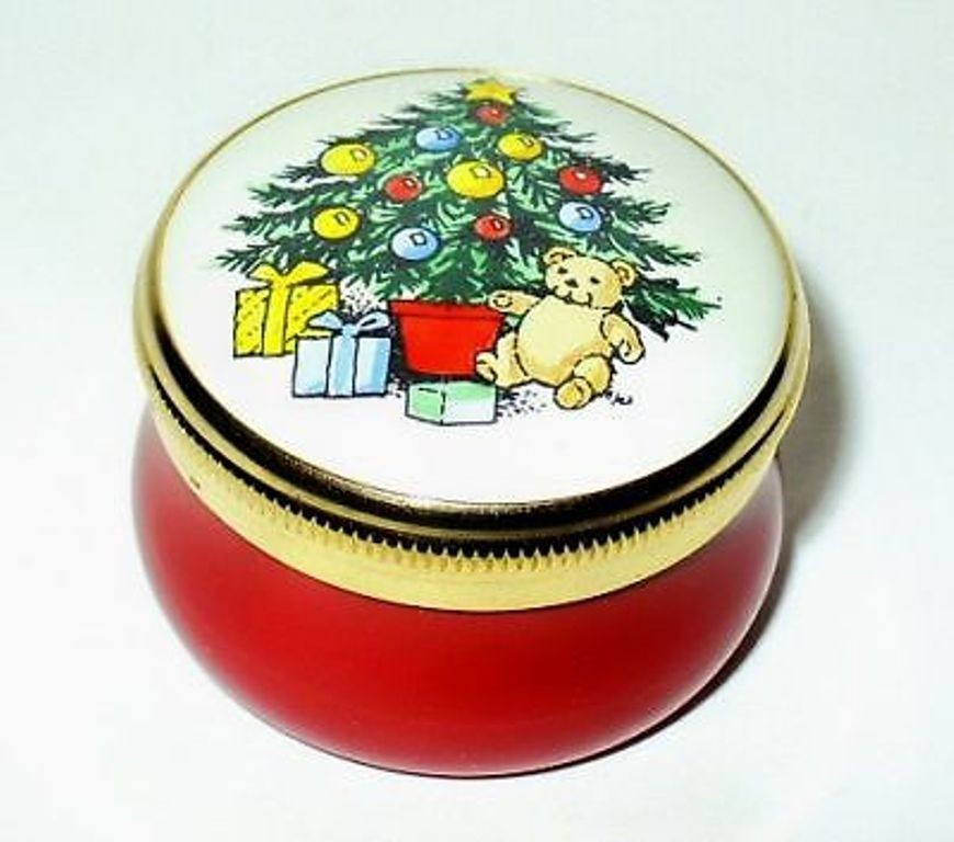 CRUMMLES ENGLISH ENAMEL BOX - VINTAGE CHRISTMAS TREE & TEDDY BEAR & PRESENTS