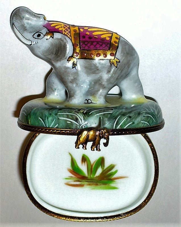 LIMOGES FRANCE BOX -ASIAN ELEPHANT & CEREMONIAL ATTIRE- JUNGLE FOLIAGE & SHRUBS