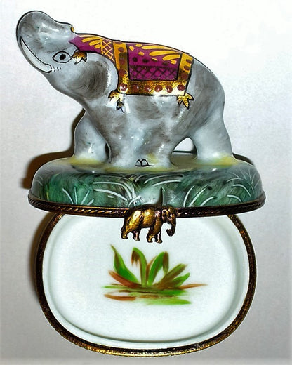 LIMOGES FRANCE BOX -ASIAN ELEPHANT & CEREMONIAL ATTIRE- JUNGLE FOLIAGE & SHRUBS