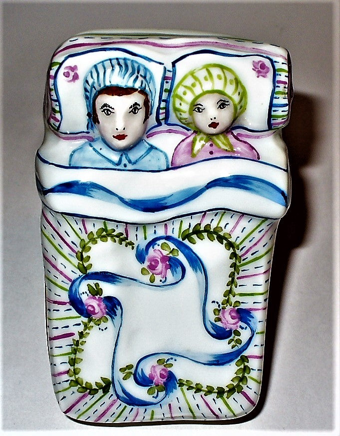 LIMOGES BOX - COUPLE IN BED - FLORAL BLANKET - RIBBONS & ROSES - BABY & CRADLE