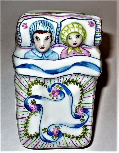 LIMOGES BOX - COUPLE IN BED - FLORAL BLANKET - RIBBONS & ROSES - BABY & CRADLE