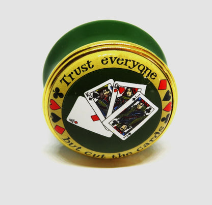 HALCYON DAYS ENGLISH ENAMEL BOX- "TRUST EVERYONE BUT CUT THE CARDS"