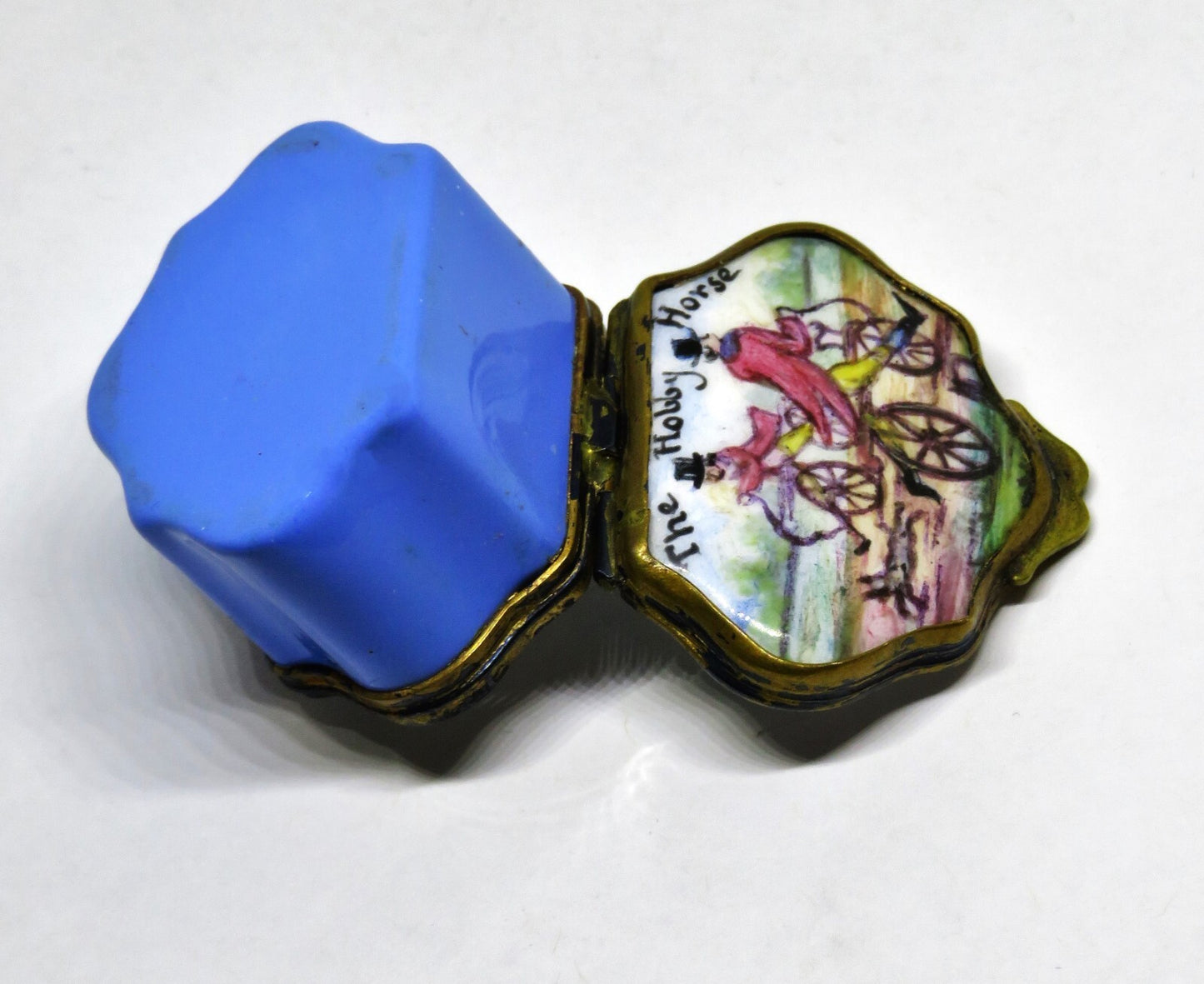 ANTIQUE ENAMEL BOX- 18TH TO 19TH CENTURY - "THE HOBBY HORSE" - MEN ON BICYCLES