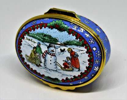 HALCYON DAYS ENAMEL BOX - CHRISTMAS SCENE - SNOWMAN & CHILDREN & SNOWFLAKES