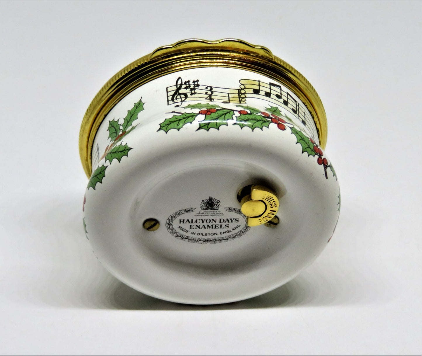 HALCYON DAYS ENAMEL MUSIC BOX - "WE WISH YOU A MERRY CHRISTMAS" - HOLLY - MIB