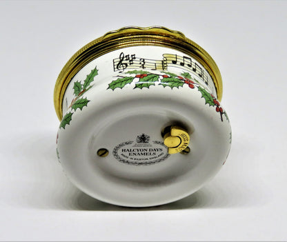 HALCYON DAYS ENAMEL MUSIC BOX - "WE WISH YOU A MERRY CHRISTMAS" - HOLLY - MIB
