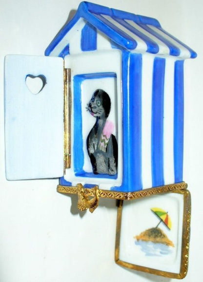 LIMOGES FRANCE BOX ~ SEAL IN A DOUBLE HINGED BEACH HOUSE ~ CABANA ~ PEINT MAIN