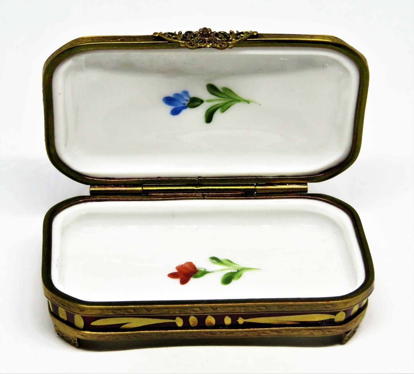 LIMOGES FRANCE BOX - EXIMIOUS - CLASSIC BURGUNDY FLORAL & METAL STAND - FLOWERS