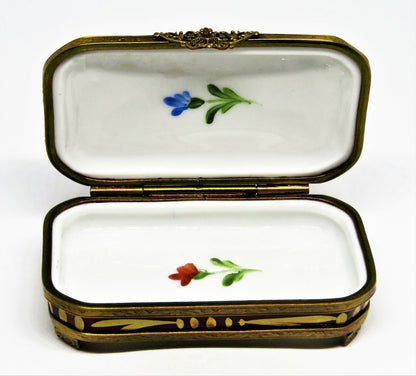 LIMOGES FRANCE BOX - EXIMIOUS - CLASSIC BURGUNDY FLORAL & METAL STAND - FLOWERS