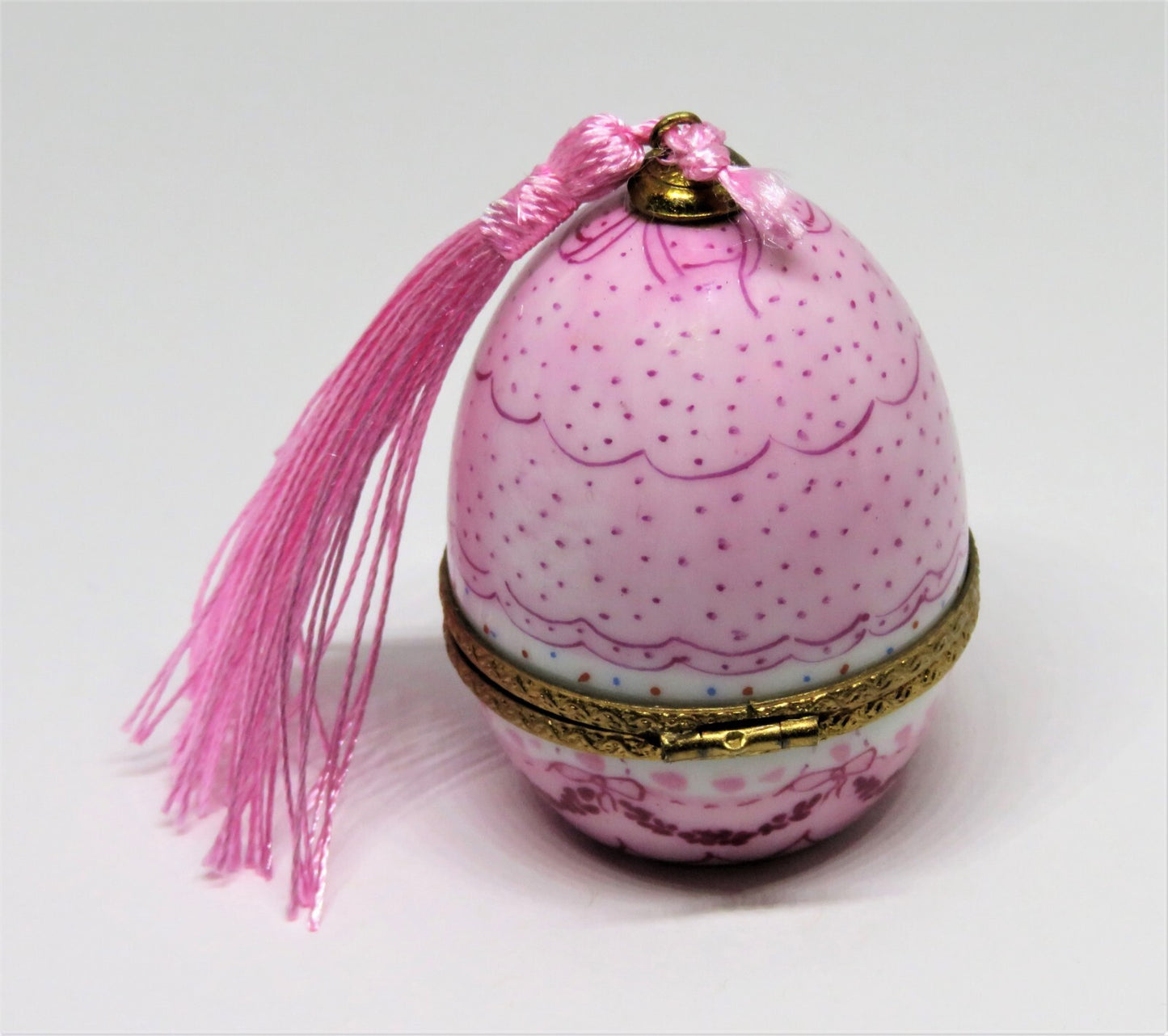 LIMOGES FRANCE BOX - VINTAGE EGG - BABY IN A CARRIAGE -PINK TASSEL  & BOWS- GIRL