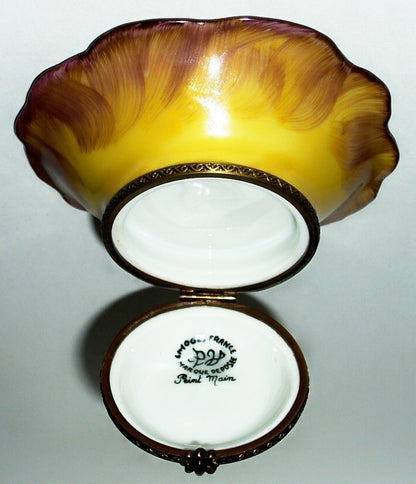 LIMOGES FRANCE BOX~ PARRY-VIEILLE ~ YELLOW SUNFLOWER & CUT OUT STEM ~ PEINT MAIN