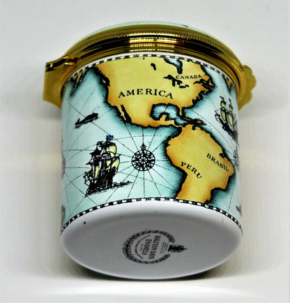 HALCYON DAYS ENAMEL BOX - ANTIQUE NAUTICAL MAP - MASTED SAILING SHIPS - COMPASS