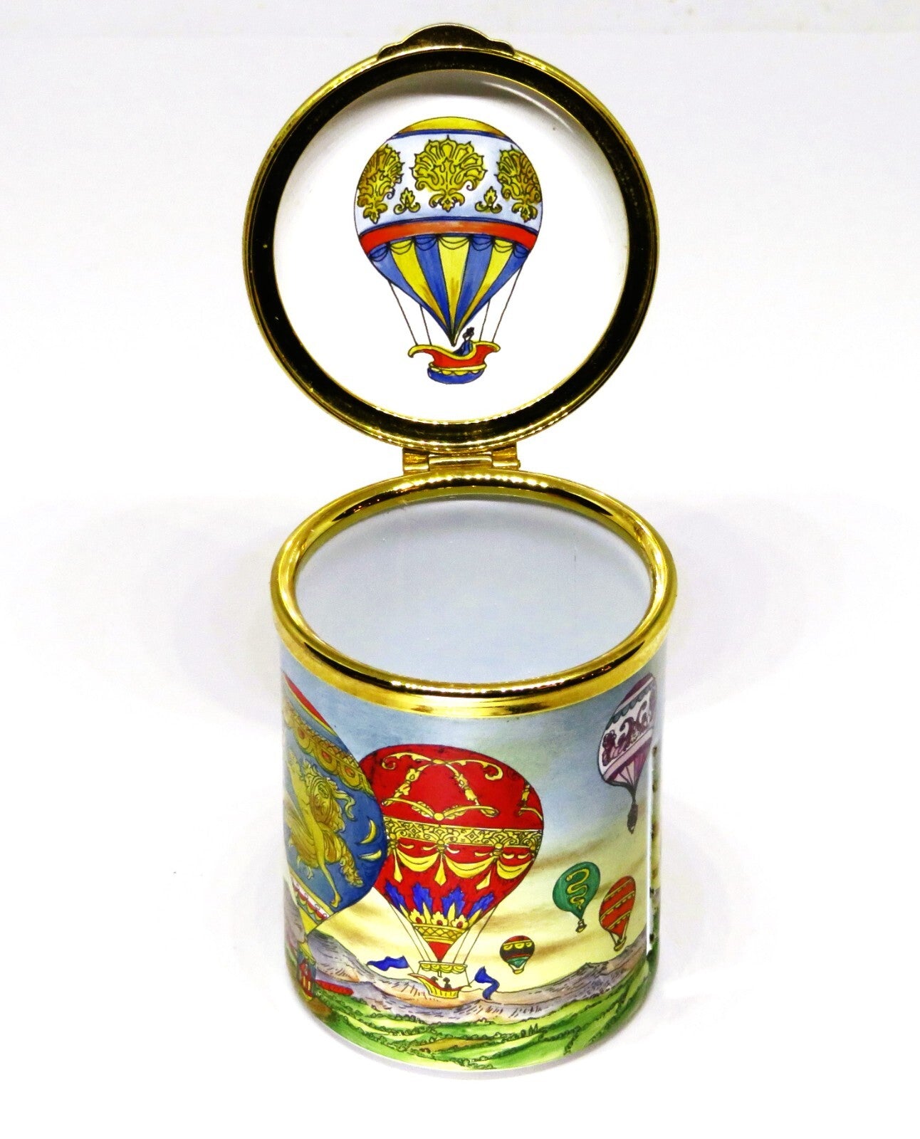STAFFORDSHIRE ENGLISH ENAMELS STAMP BOX - HOT AIR BALLOONS - AVIATION