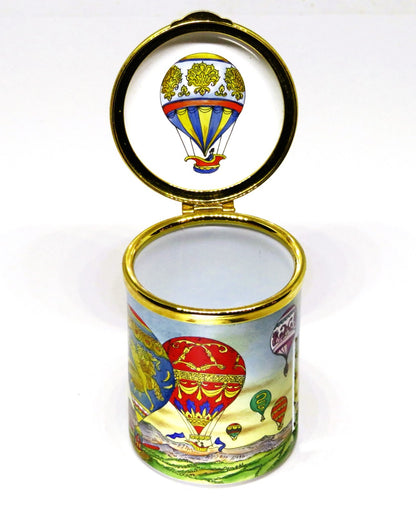 STAFFORDSHIRE ENGLISH ENAMELS STAMP BOX - HOT AIR BALLOONS - AVIATION