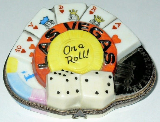 LIMOGES BOX~ LAS VEGAS CASINO GAMBLING ~DICE & CARDS & CHIPS~ GAMING ~PEINT MAIN