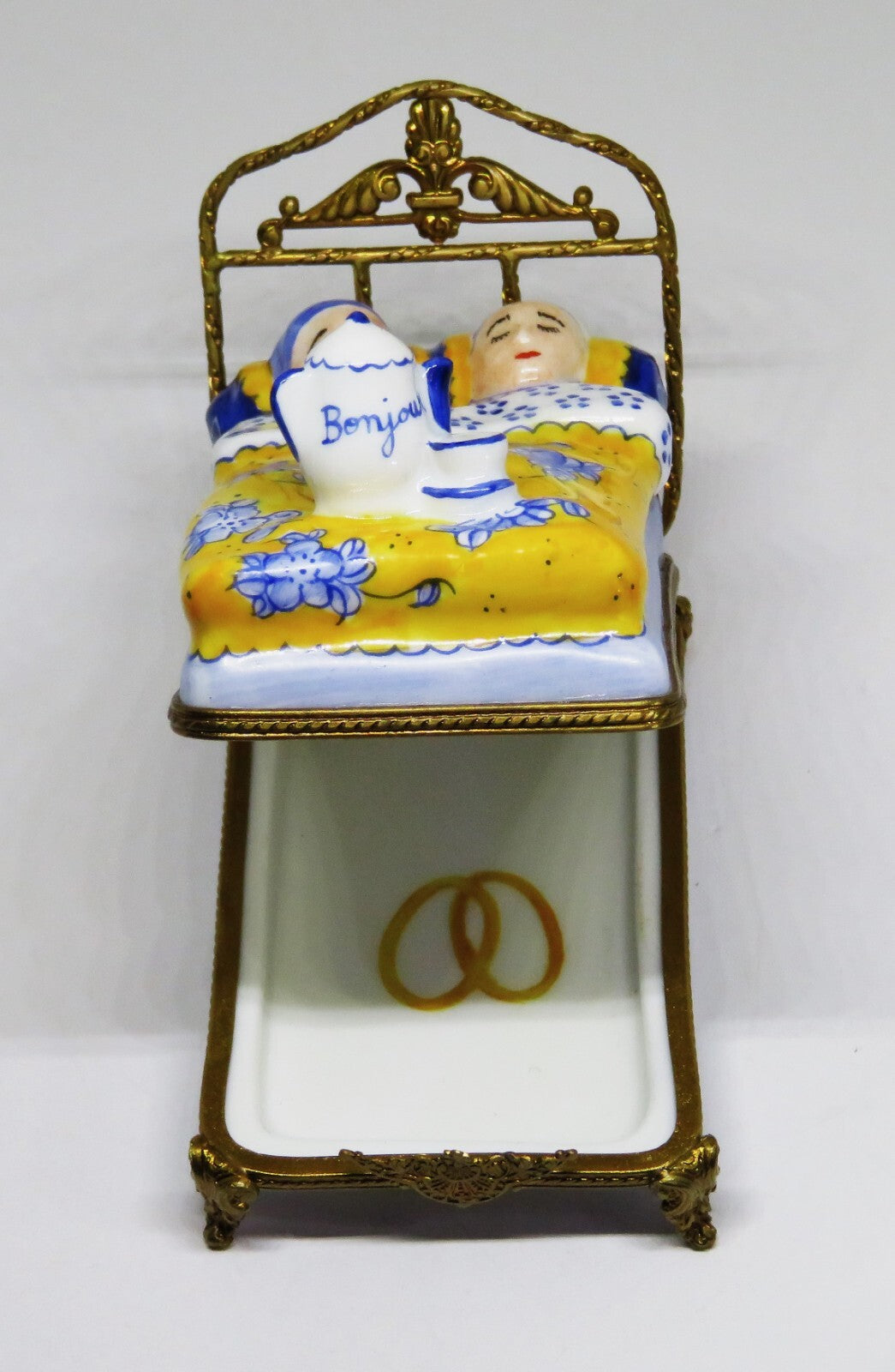 LIMOGES FRANCE BOX - COUPLE IN A BRASS BED - COFFEE  POT & CUPS - "BONJOUR"